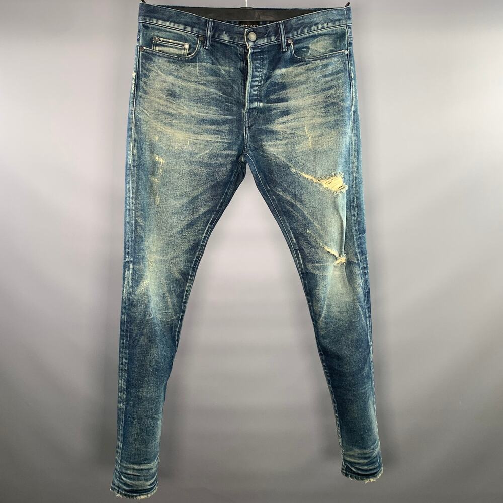JOHN ELLIOTT Size 34 Blue Distressed Denim Button Fly Jeans